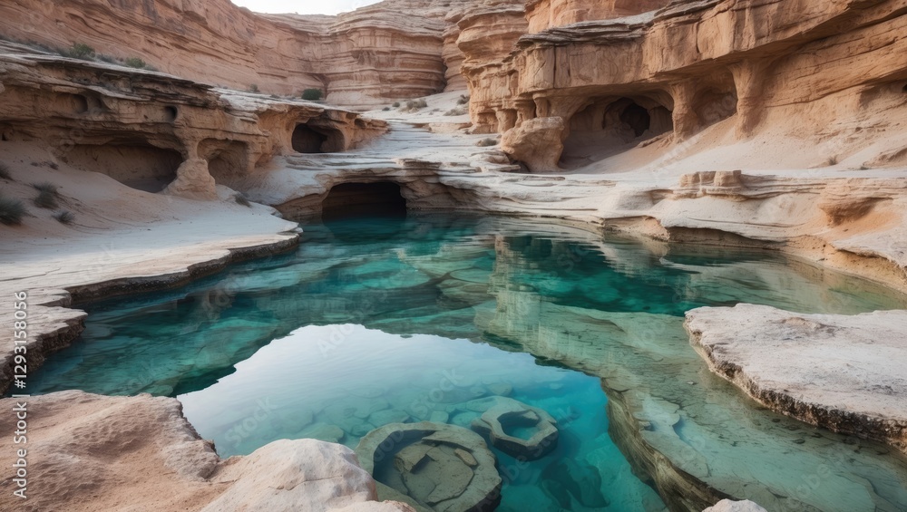 Poster serene natural pool surrounded by unique rock formations in desert landscape with space for text inp