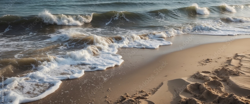Aufkleber tranquil ocean waves gently lapping on sandy beach with space for text overlay in a serene coastal s