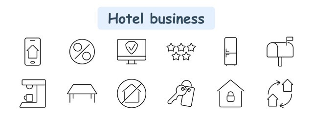 Hotel business set icon. Mobile booking, discount, security system, star rating, fridge, mailbox, coffee machine, table, cancellation, room key, smart lock, house exchange