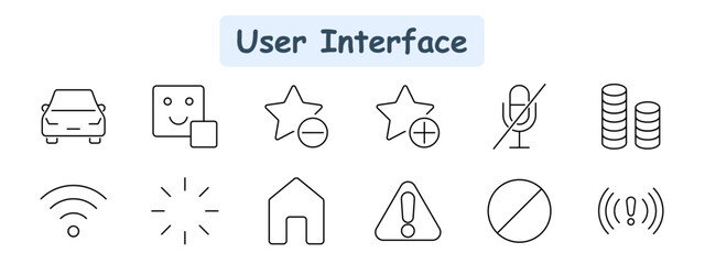 Fototapeta premium User interface set icon. Car, emoji, rating, favorite, mute, stack, WiFi, loading, home, warning, restriction, alert.