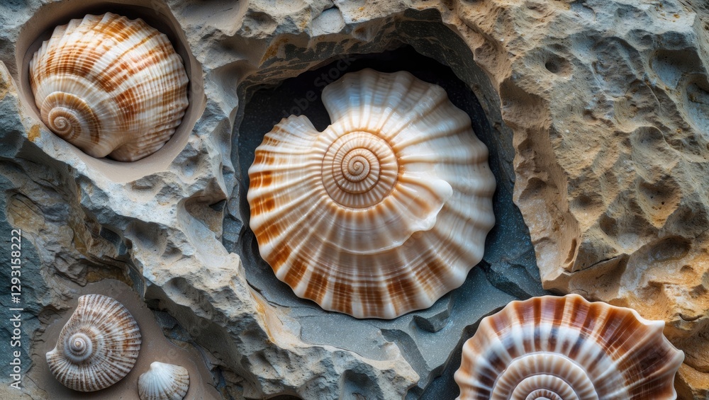 Poster seashell fossils displayed in natural stone formation showcasing intricate patterns and natural colo