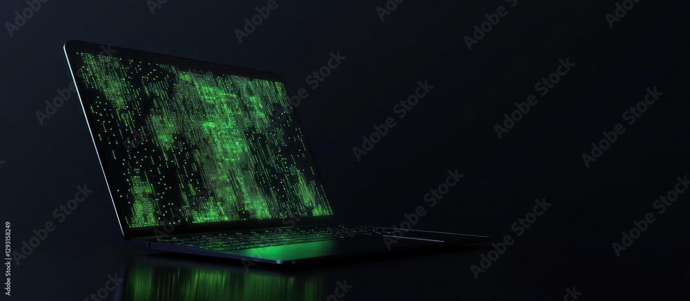Poster a laptop screen displaying green binary code against a dark backdrop