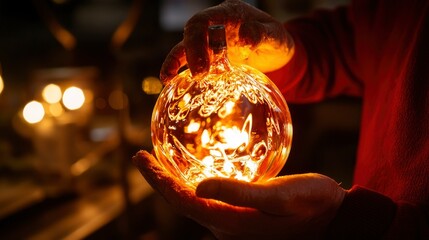 Fototapeta premium Hands crafting glowing glass ornament in warm workshop
