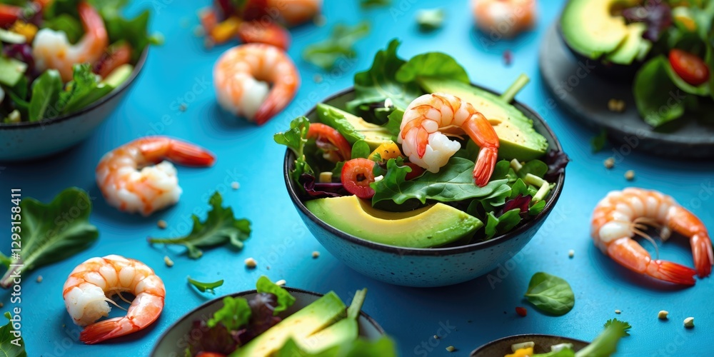 Poster vibrant salad with shrimp and avocado on blue background fresh ingredients with empty space for text