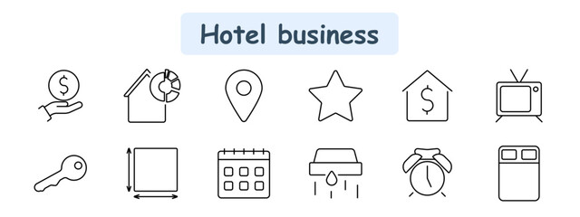Hotel business set icon. Money, real estate statistics, location, star, rental property, TV, key, dimension, calendar, plumbing, alarm clock, bed.