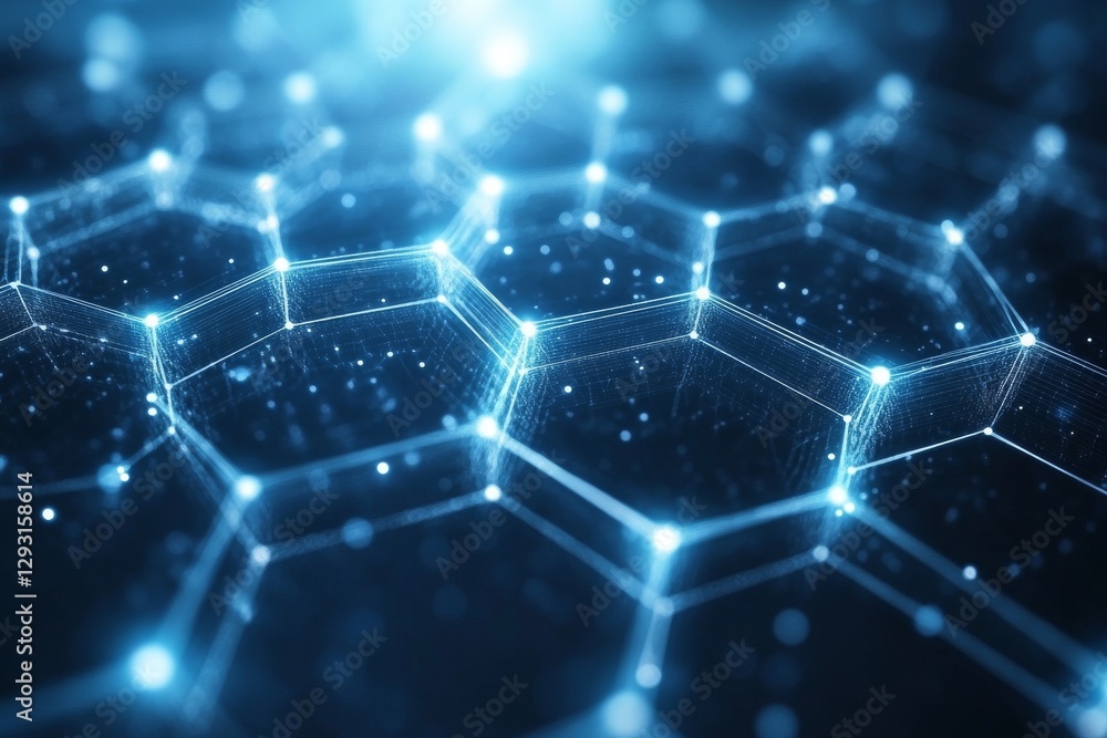 Poster hexagonal pattern made of interconnected lines and luminous nodes in a digital environment