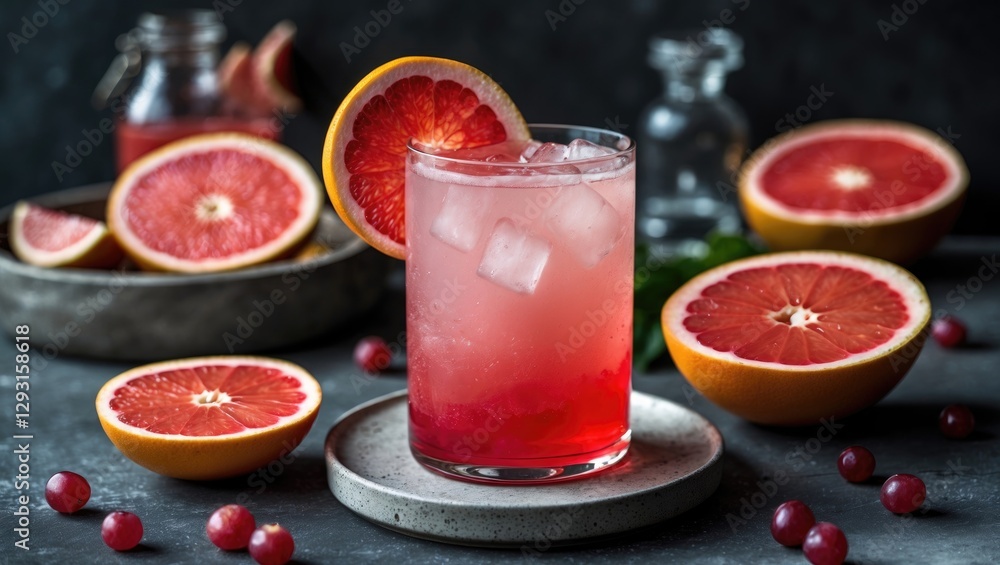 Poster refreshing ruby-red grapefruit cocktail surrounded by fresh fruit on dark background with space for 
