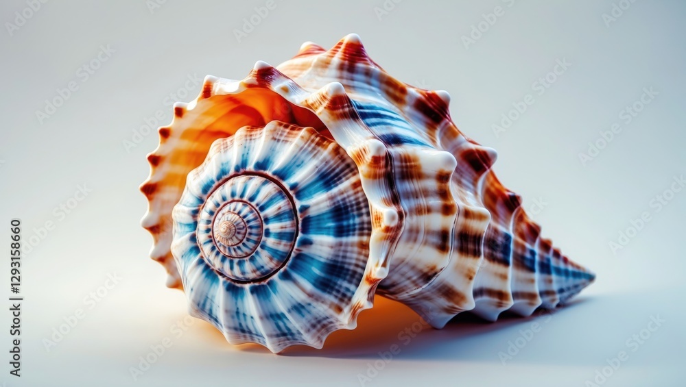 Poster colorful seashell close-up showcasing intricate patterns and textures isolated on a smooth white bac