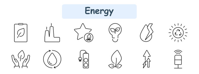 Energy set icon. Eco battery, factory, green rating, eco light bulb, energy impact, sustainability, water conservation, smart plug, green leaf, electricity usage, solar power, energy signal.