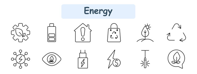 Energy set icon. Eco gear, battery, home alert, recycling bag, solar plant, circular arrows, power grid, eco vision, charging station, energy cost, transmission tower, sustainability chat.