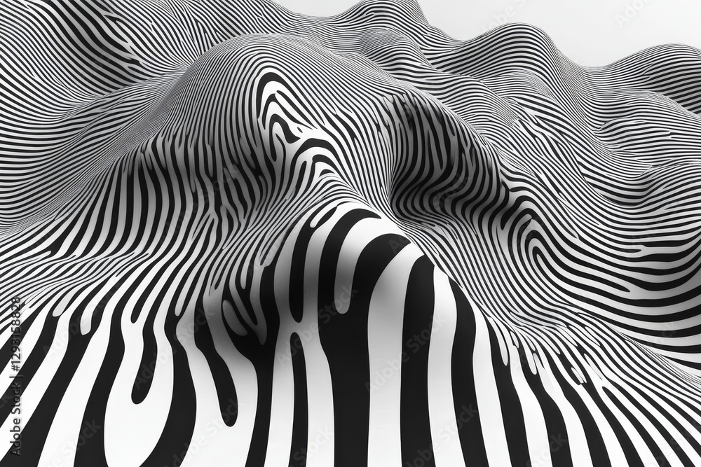 Poster black and white wavy patterns create a mesmerizing abstract landscape with intricate textures and fl