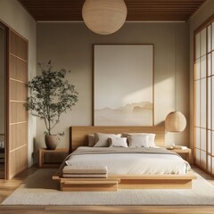 A modern bedroom interior showcases a minimalist design with elegance