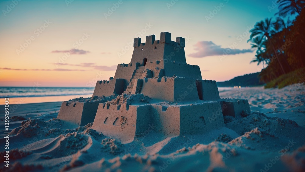 Poster sand castle on serene beach at sunset with vibrant colors and empty space for text to capture the im