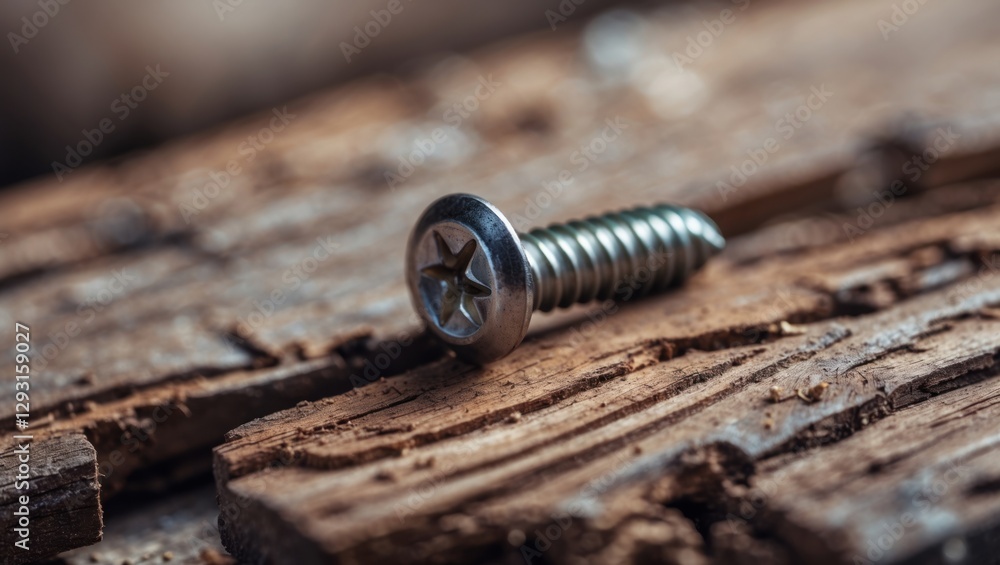 Poster metal screw embedded in textured wooden surface showcasing natural patterns and colors in an abstrac