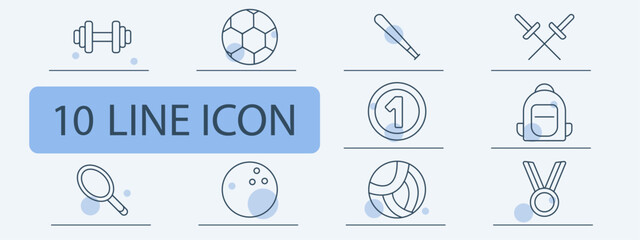 Sports and competition set icon. Dumbbell, soccer ball, baseball bat, fencing, trophy, backpack, racket, bowling, volleyball, medal.