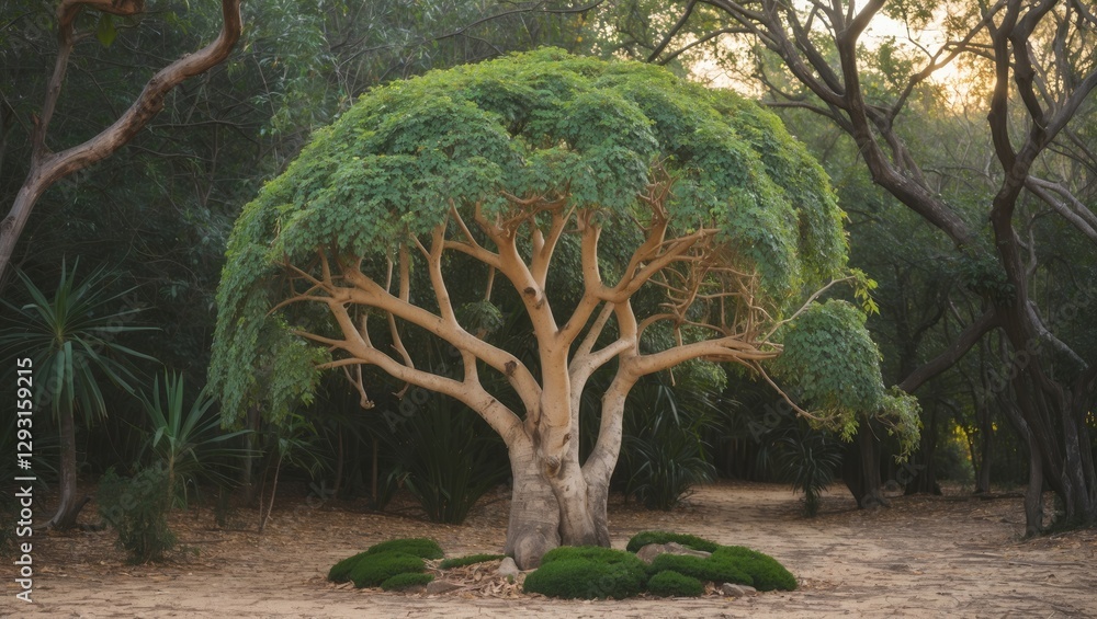 Poster ruellia tuberosa tree surrounded by lush greenery and open space for text in serene natural setting