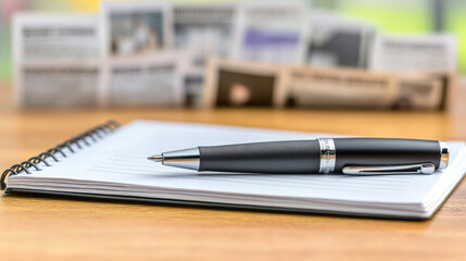 Close-up of journalist's pen and notebook on wooden desk with newspaper clippings, symbolizing press freedom and media reporting in modern society.