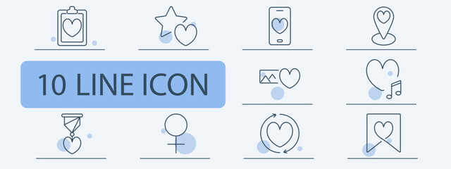 Love and social media set icon. Love checklist, favorite, mobile romance, location, gallery, music, award, gender, heart cycle, bookmark.