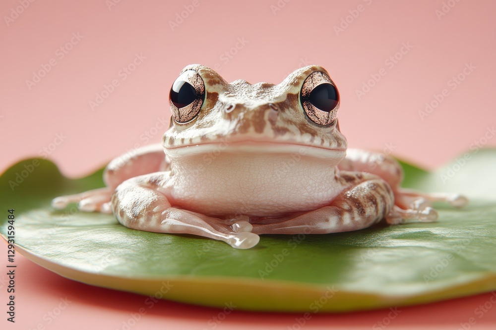 Poster close-up of a frog resting on a green leaf with a soft pink background highlighting its features and