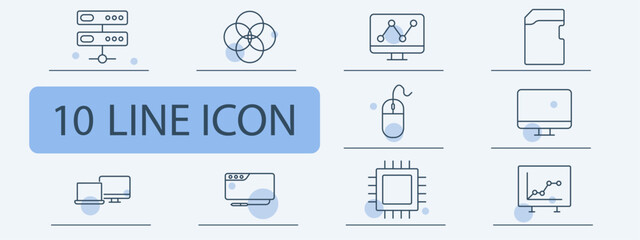 Technology set icon. Server, data visualization, analytics, computer mouse, file storage, desktop, network connection, microchip, statistics, cloud computing.