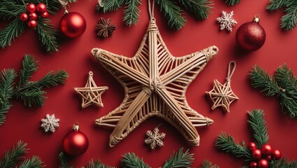 Christmas wicker star decorations on a vibrant red background with festive ornaments and evergreen branches for holiday design inspiration.