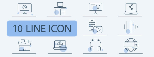 Multimedia set icon. Video streaming, work desk, television, social media, mobile video, sound wave, chat messages, online meeting, headphones, web search.