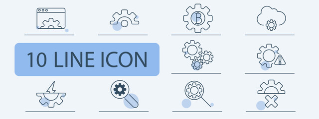 Gear system set icon. Website settings, mechanical adjustment, cryptocurrency, cloud processing, gear synchronization, system error, automation, repair, diagnostics, maintenance.