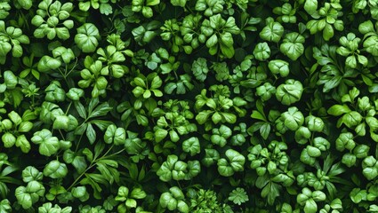 Lush green foliage seamless pattern featuring various plants and herbs ideal for nature-themed backgrounds and designs.