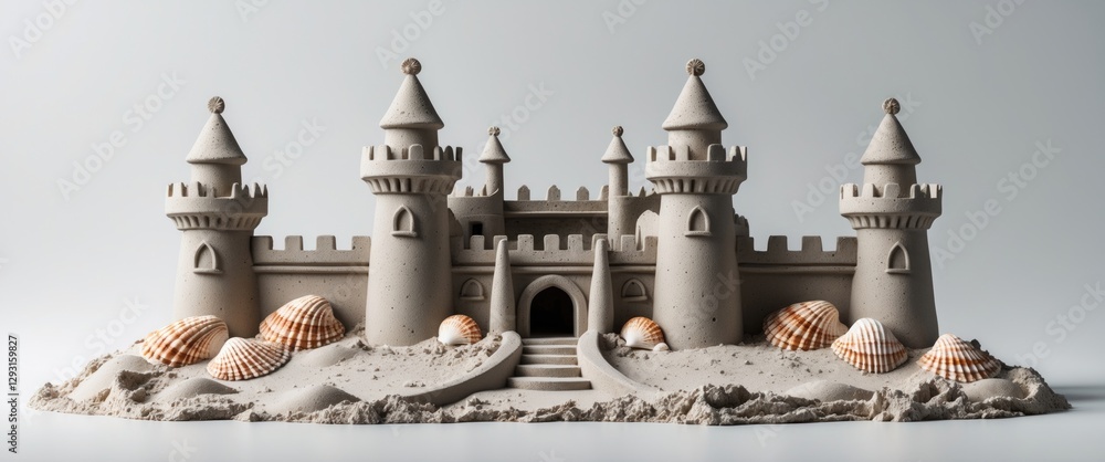 Poster intricate sandcastle sculpture surrounded by seashells with space for custom text on a neutral backg