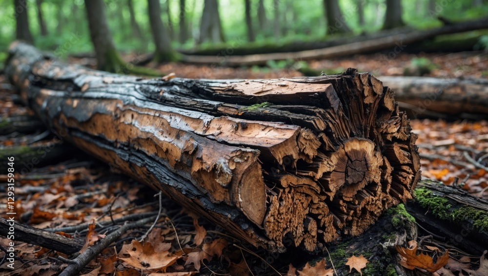 Poster decayed tree log on forest floor surrounded by autumn leaves and lush greenery in a serene natural s