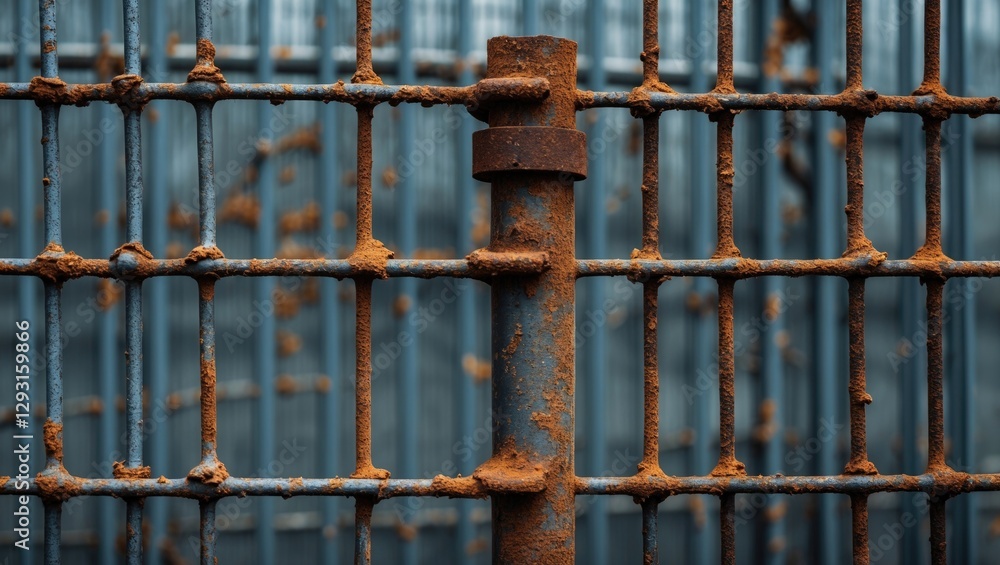 Poster rusty metal fence with textured mesh and orange-red corrosion creating a weathered backdrop for indu