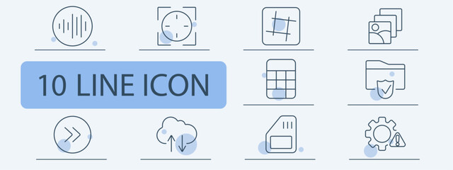 Data security set icon. Sound wave, target focus, grid layout, image stack, protected folder, fast forward, cloud sync, database, SIM card, system warning.