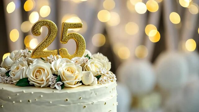 25th birthday cake adorned a gold accents. Birthday party. Blurred light festive background. Golden balloons. Twenty five years, Twenty-fifth anniversary. Celebration cake, golden candles. Numbers 25 - Powered by Adobe
