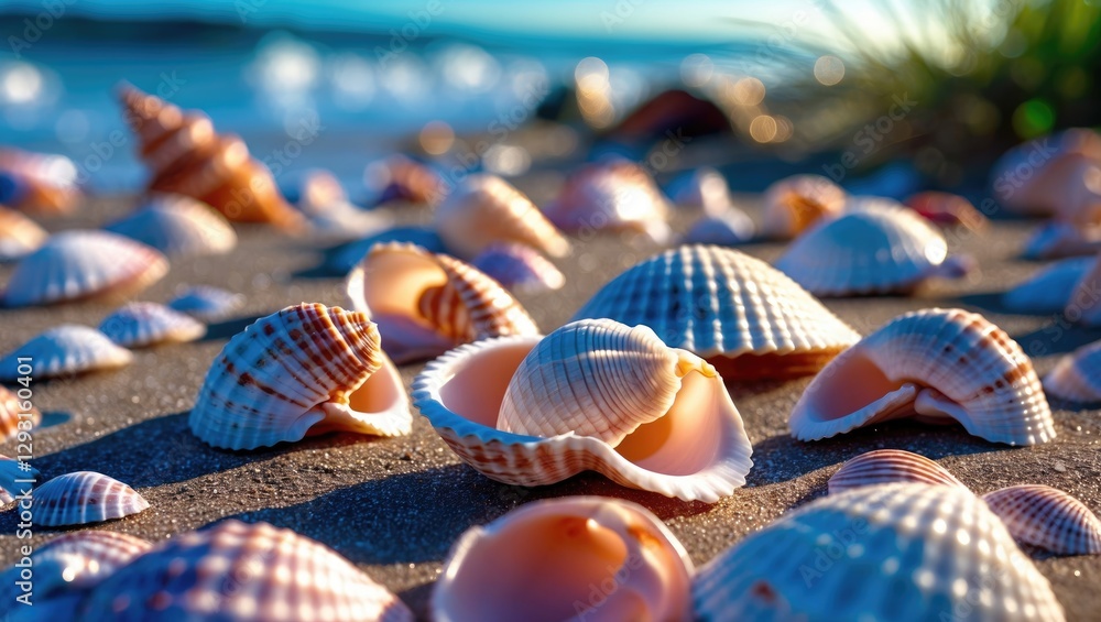 Aufkleber seashells scattered on sandy beach with ocean waves in background, creating a tranquil coastal scene
