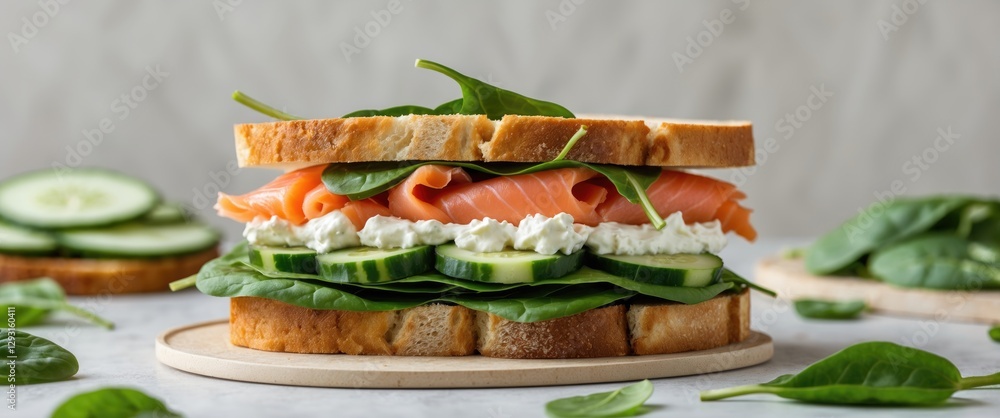 Poster healthy salmon sandwich with spinach and cucumber on toast, ideal for meal prep with empty space for