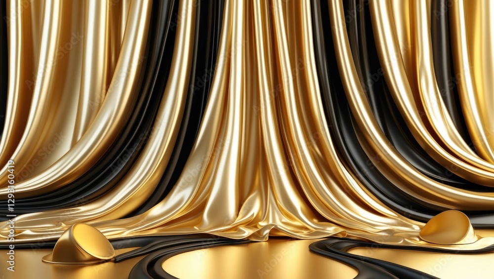 Aufkleber luxurious golden satin drapery with wavy black lines creating an elegant abstract background for mod