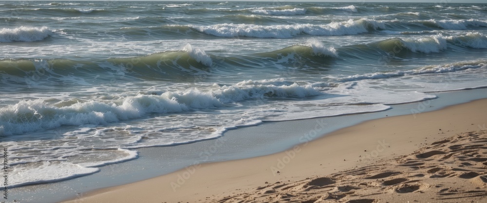 Poster serene beach scene with gentle sea waves and soft sand providing ample space for text and captions