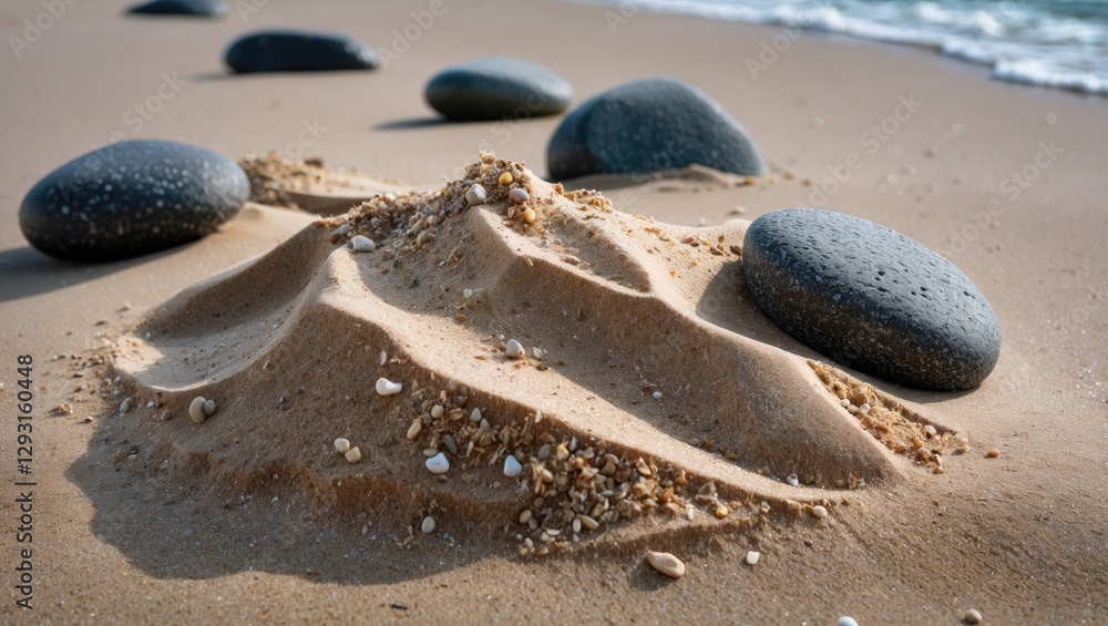 Poster texture and shapes of sand and smooth stones on a serene beach with gentle waves in the background s