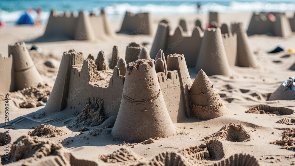Poster scenic beach background with intricately built sandcastles and copy space for text ideal for summer 