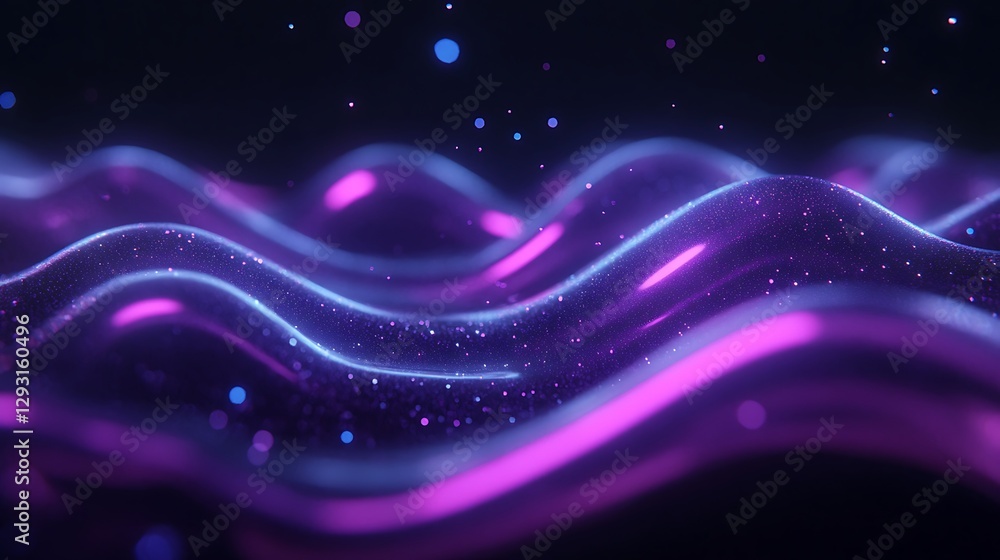 Poster abstract fluid waves with glowing purple lights and bokeh effects in dark background for creative pr