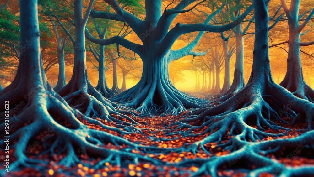 Poster mystical forest with intricate tree roots and vibrant foliage creating an enchanting abstract backgr