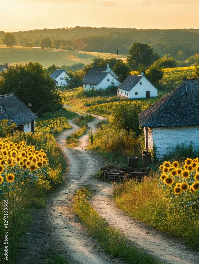 Poster sunflowers lining a winding path through a tranquil countryside village during golden hour. generati