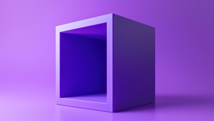 Hollow purple cube in 3D render, open front, subtle purple gradient.