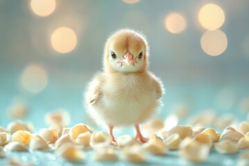 Cute chick standing on popcorn kernels with blurred lights in the background during daytime