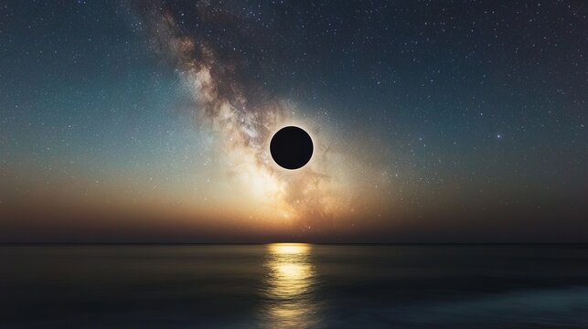 Astronomical scene with solar eclipse over ocean, starry sky and milky way, celestial phenomenon. Cosmic wonder and natural beauty concept