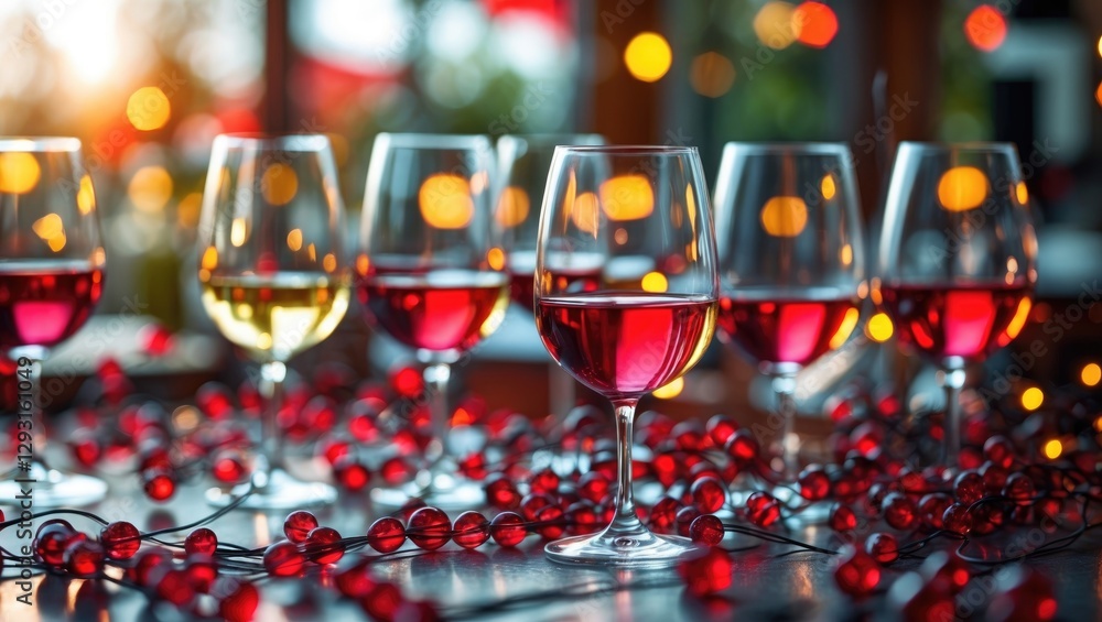 Poster vibrant abstract background of wine glasses with colorful reflections and decorative beads creating 