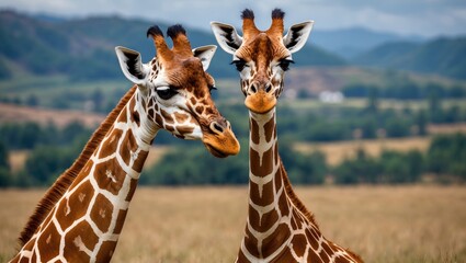 Obraz premium Giraffes observing their surroundings in a natural habitat, showcasing wildlife interaction and companionship in the savannah landscape.