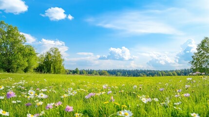 Summer meadow with wildflowers under clear blue skyм