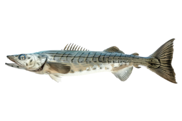 Barracuda Fish Against Black. Studio Shot, Isolated. Marine Predator Species. Perfect Background For Design.