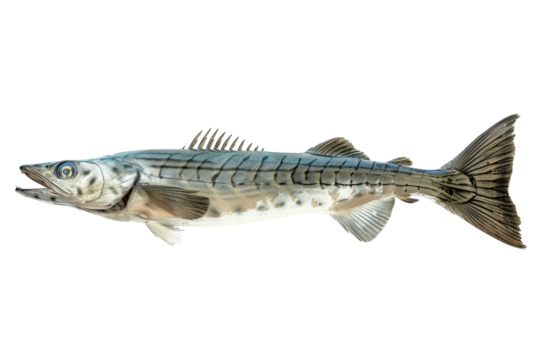 Barracuda Fish Against Black. Studio Shot, Isolated. Marine Predator Species. Perfect Background For Design.